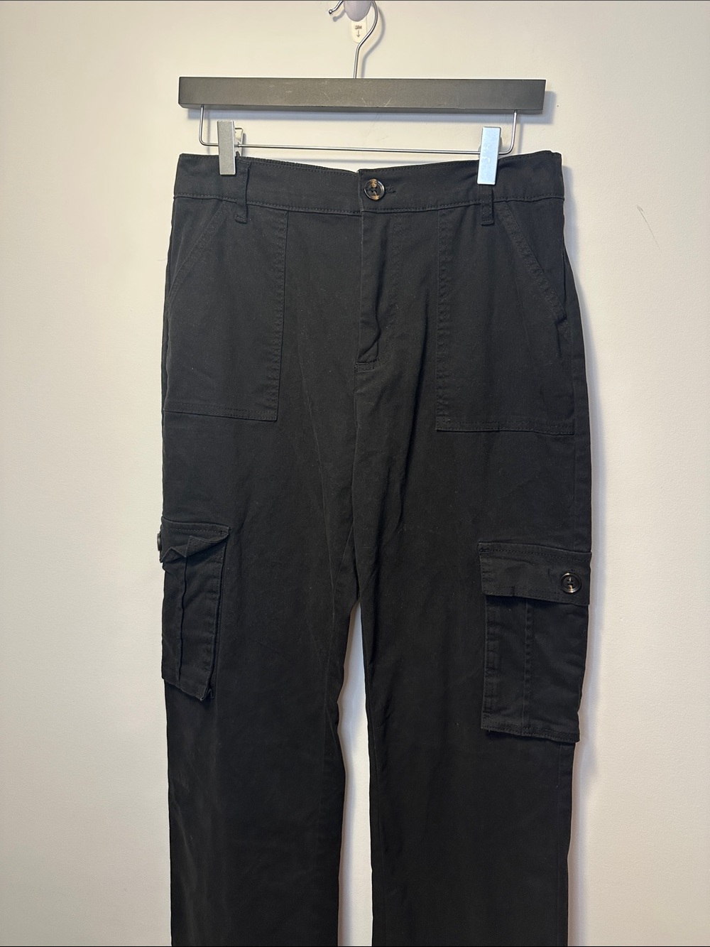 Black Cargo Pants with Utility Pockets and Elasticized Waist - Picture 6 of 9